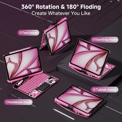 iPad Keyboard Case for 2024 M4 iPad Pro 13 inch, Magic Wireless Keyboard with Trackpad 7 Color Backlit, 360° Rotating Stand Transparent Protective Cover with Pencil Holder (Pink)