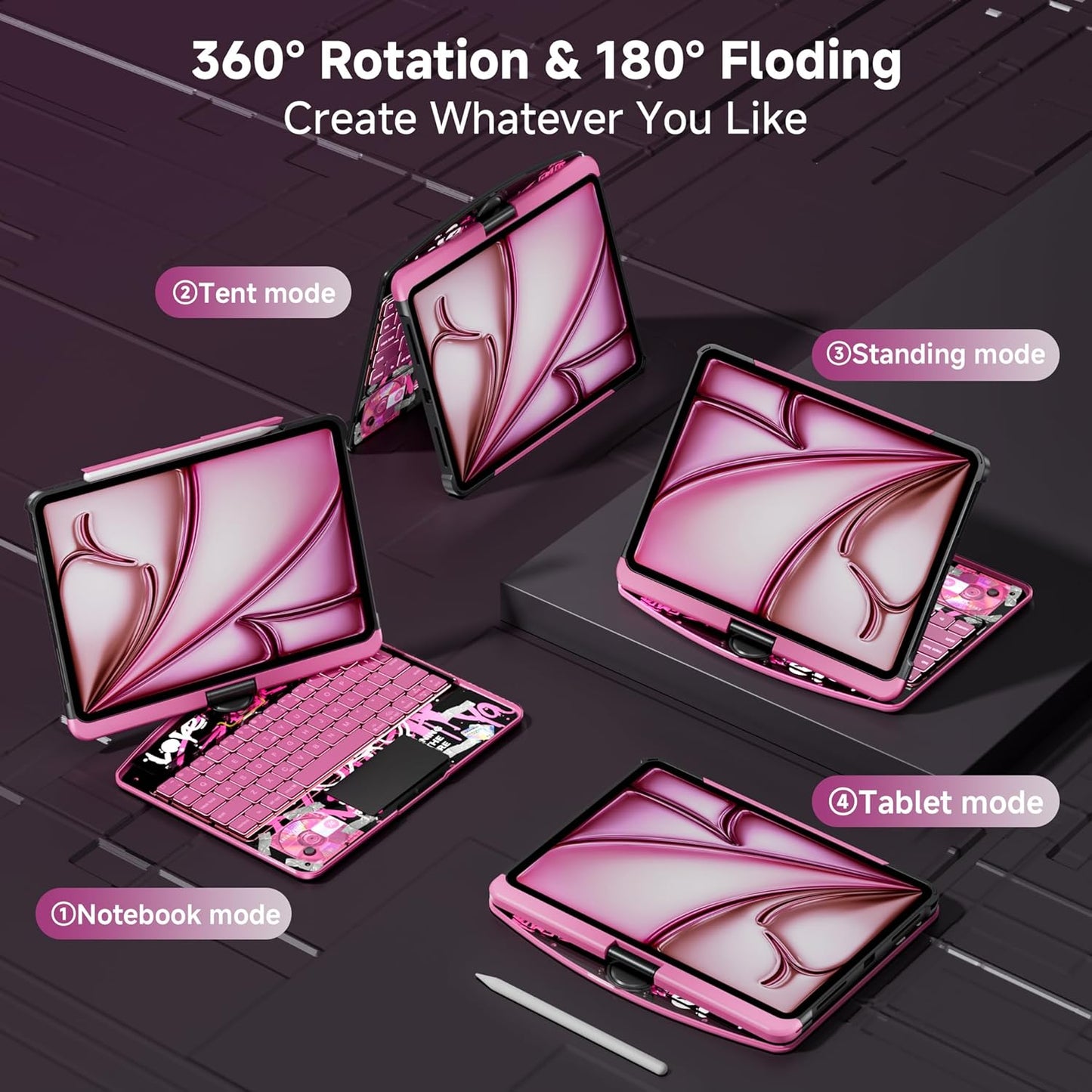 iPad Keyboard Case for iPad 10th Gen (2022) & 11th (A16, 2025), Magic Wireless Keyboard with Trackpad 7 Color Backlit, 360° Rotating Stand Transparent Protective Cover with Pencil Holder (Pink)