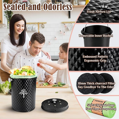 AOSION Countertop Compost Bin Kitchen，Odorless Indoor Compost Bin with Lid and Compost Bags,Compost Bucket Composter Container for Food Waste,Black