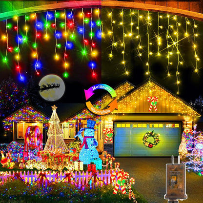 Color Changing Ice Lights, 164FT 1600 LED Outside with 320 Drops, 11 Modes Timer Waterproof Warm White to Multicolor String Lights for Christmas Eaves Party Decorations