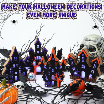Bucherry 4 Pack Halloween Table Haunted House Decor Lighted Wooden Village Ghost House 3D Tabletop Decorations for Halloween Indoor Home Kitchen Desk Gift(New Style)