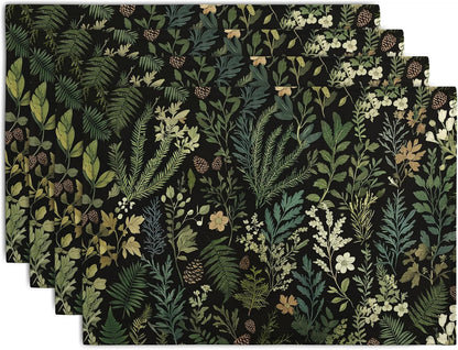 Black Sage Green Plant Placemats Set of 4 Vintage Botanic Fern Leaves Herb Floral Place Mats Rustic Farmhouse Linen Fabric Table Mats for Party Kitchen Dining Outdoor Indoor Decor