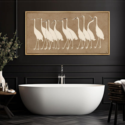 MUDECOR Extra Large Framed Canvas Print Wall Art Minimalist White Cranes on Beige Background Antique Retro Fine Art Illustrations Decorative Colorful for Bedroom - 60"x30"