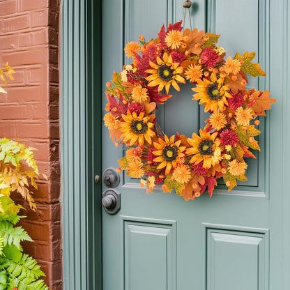 GENMOUS 24 Inch Fall Wreaths for Front Door, with Mini Pumpkin Skewers- Sunflower Wreath, Autumn Fall Decor Maple Leaf Daisy Thanksgiving Halloween Home Party Fall Decoration Indoor Oudoor