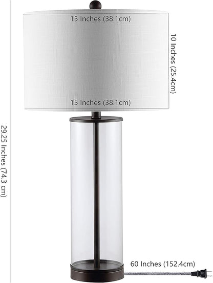 JONATHAN Y 29" Oil Rubbed Bronze/Clear Modern Glass Table Lamp for Living Room Bedroom, Minimalist Nightstand Bedside Lamp, White Linen Drum Shade, LED Bulb Included (JYL2005B)