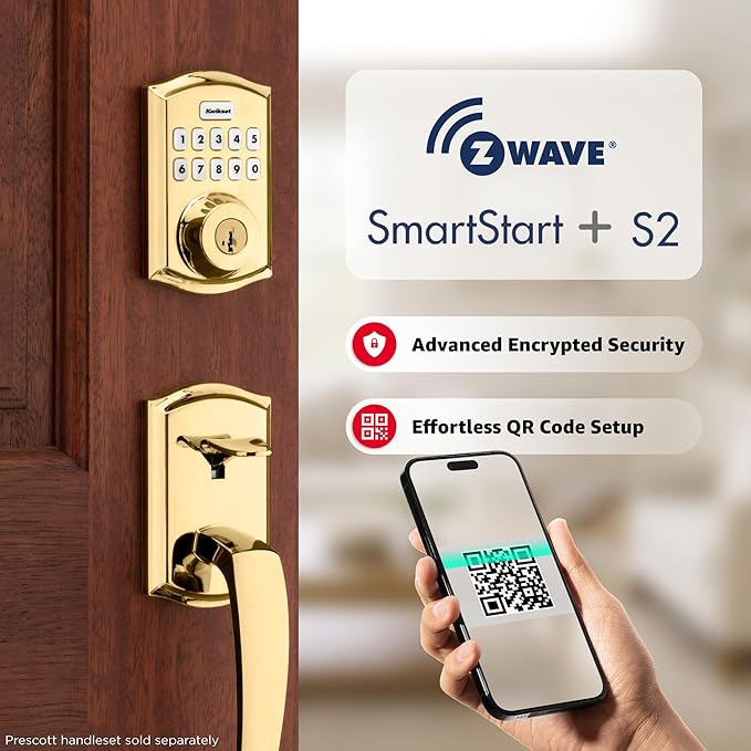 Kwikset HomeConnect 620 Z-Wave Long Range Enabled Keypad Smart Lock Convenient Keyless Entry, Customizable User Codes, Ring Alarm Compatible, Hub Required, Sold Separately Polished Brass Traditional