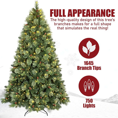 Kadunmina 8ft Prelit Christmas Tree, Artificial Carolina Pine Christmas Tree with 820 Warm White Lights, Pine Cones, 1897 Branch Tips and Metal Stand for Home, Office, Holiday Party Decoration