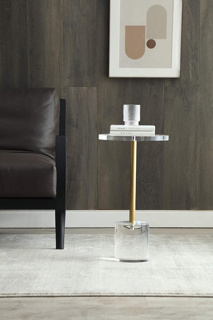 Clear Acrylic End Table,Side Table,Brushed Brass Metal,Round,for Office, Living Room and Bedroom,Easy Assembly,12x12 inch，21.3 inch high