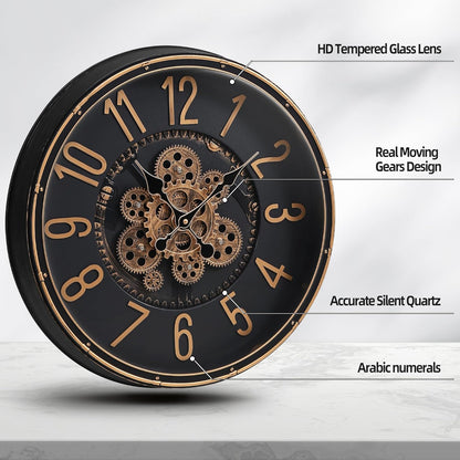 Maxstar Large Moving Gear Wall Clock,20" Vintage Mechanical Battery Operated Industrial Wall Clocks for Farmhouse Living Room,Home Office, Dinning Room, Kitchen, Steampunk Decor-Gold,Arab Numeral