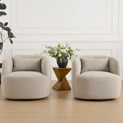 KINWELL 34" Wide Sherpa Swivel Barrel Chairs Set of 2, No Assembly Round Boucle Upholstered Accent Chairs Armchairs Single Sofa Chair with Toss Pillow for Living Room and Bedroom, Taupe