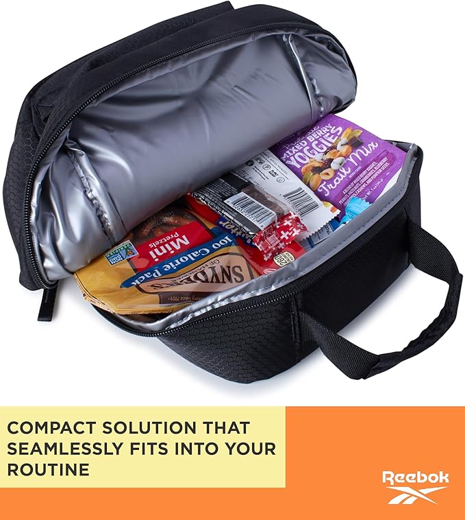 Reebok Mens and Womens Lunch Bag - Portable Insulated Work Lunch Box for Women and Men with Two Compartments and Handle, Quinn Black