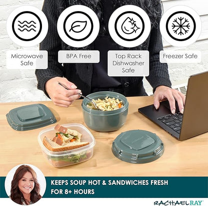 Rachael Ray Soup & Sandwich Container For Lunch, Hot Soup Lunch Container For Adults, Reusable Soup Bowl With Container For Sandwich or Toppings, Includes Removable Ice Pack, Hot or Cold Food Storage