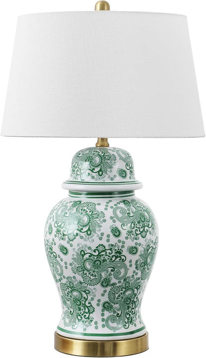 JONATHAN Y 29.5" Green/White Ceramic Table Lamp for Living Room and Office, White Linen Drum Shade, Traditional Chinoiserie Ginger Jar Lamp, LED Bulb Included (JYL3008D)