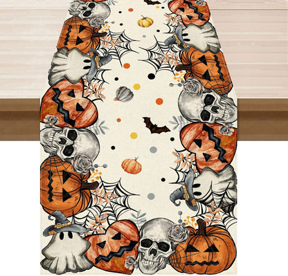 XCHI Spooky Skeleton Ghost Pumpkin Halloween Table Runner Party Table Decoration for Home Kitchen Dining Holiday Decor 13x36 Inch
