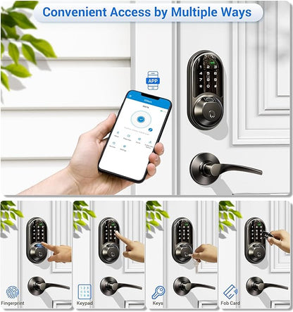 Veise RZ07B Smart Locks for Front Door, 2 Lever Handles, Fingerprint Keyless Entry, App Control Biometric Door Lock Set, Touchscreen Keypad Deadbolt, Easy Install, Auto Locking, Matte Black