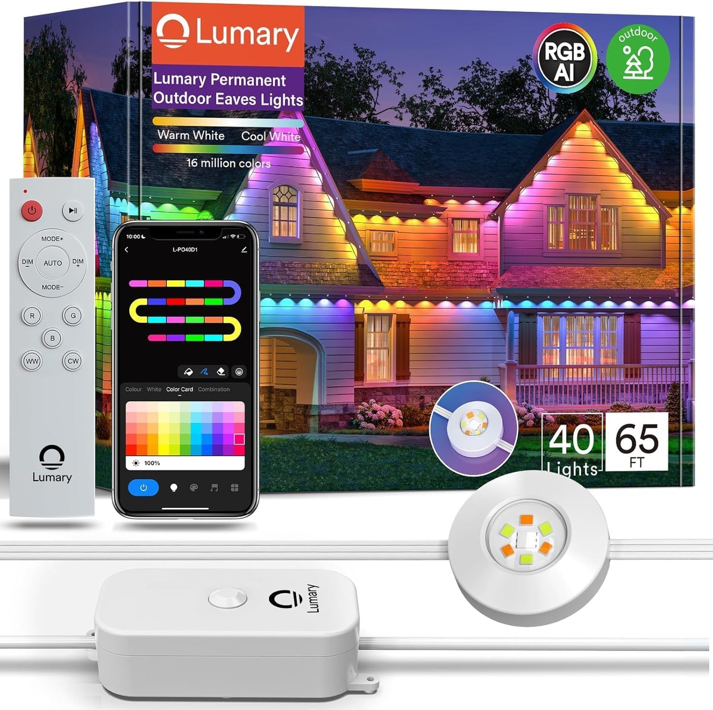 Lumary Permanent Outdoor Lights Pro 53ft for House, 40LED 50lm RGBAICW Smart Eave Lights, IP67 Waterproof, Multi Scene for Daily and Holiday Accent Lighting Decor, Work with Alexa, Google, Remote
