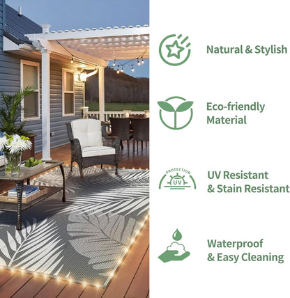 GENIMO Outdoor Rug 9' x 12' Waterproof for Patios Clearance, Reversible Outdoor Plastic Straw Camping Rug Carpet with LED String Light, Area Rugs Mats for RV, Camper, Deck, Balcony, Porch, Grey&White