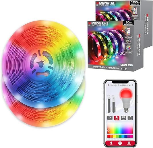 Monster Smart RGB+IC LED Strip Lights – Sound Reactive Strip Lights for Bedroom, App & Voice Control, RGB Light Strip for Room, Alexa Google Home, Razer Chroma Sync (150ft)