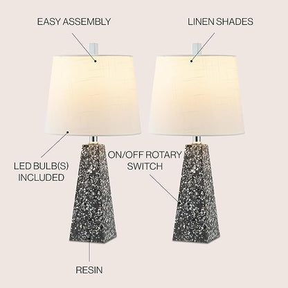 JONATHAN Y 20.5" Dark Gray Terrazzo Modern Resin Table Lamp for Bedroom Living Room, Contemporary Faceted Bedside Lamp with White Linen Shade, LED Bulb Included (JYL1037C-SET2)