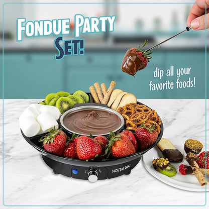 Nostalgia Electric Fondue Party Set for Chocolate and Cheese Fondue – 10 Oz Pot, 4 Roasting Forks, and 3-Section Tray – Temperature Control – Gifts, Parties, Date Night, and Dessert – Black