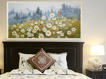 Arjun Flower Wall Art Canvas Landscape Daisy Painting Mountain Picture White Daisy Textured Floral Artwork for Living Room Bedroom Bathroom Office Home Wall Decor, Large Wood Grain Framed 48"x24"