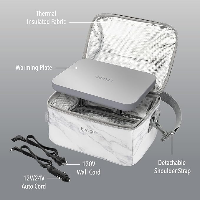 Bentgo Heat - Electric Lunch Bag & Food Warmer for Reheating Meals in Car, at Work & More - Heated Lunch Box Warmer for Adults, Students & Shift Workers, 12V/24V Auto & 120V Wall Cords (White Marble)