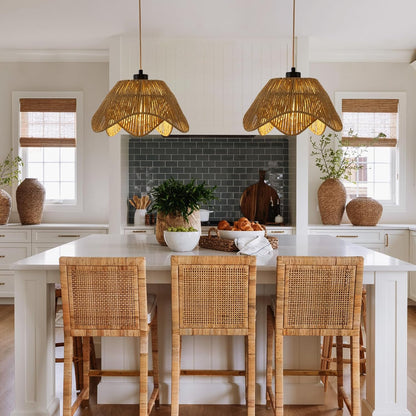 Plug in Pendant Light, Boho Rattan Hanging Lights with Plug in Cord,Rustic Hand Woven Wicker Hanging Lamp with On/Off Switch, Adjustable Plug in Ceiling Light for Kitchen Bedroom Living Room