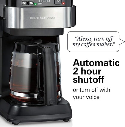 Hamilton Beach Works with Alexa Smart Coffee Maker, Programmable, 12 Cup Capacity, Black and Stainless Steel (49350R)