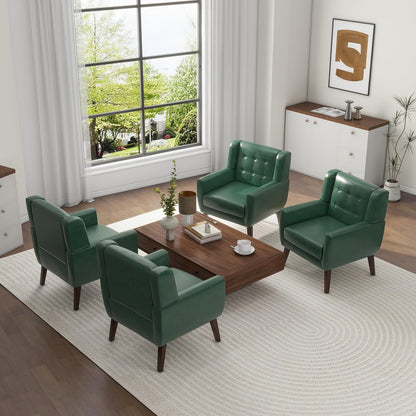UIXE Faux Leather Accent Chairs Set of 4, Modern Arm Club Chair Upholstered Armchair for Living Room, Comfy Single Sofa Seats Button Tufted Reading Seating, Green