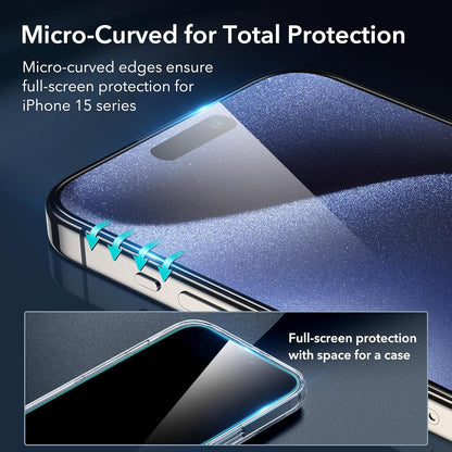 ESR 3+2 Pack for iPhone 15 Pro Screen Protector, [9H Hardness] [Military Grade Shatterproof] Full Coverage Ultra-tough Tempered Glass Film with Easy Installation Frame, 2 Set of Camera Lens Protector