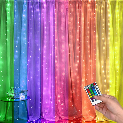FUNPENY Window Curtain String Lights, 300 LED 8 Lighting Modes Fairy Lights USB Powered, Waterproof Lights for Christmas Bedroom Party Wedding Home Garden Wall Decorations (RGB Color Changing)