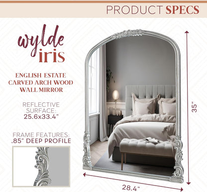 English Estate Carved Arch Wood Wall Mirror, Mirror for Entryway, Living Room, Bathroom, Antique Silver, 25.6x33.4