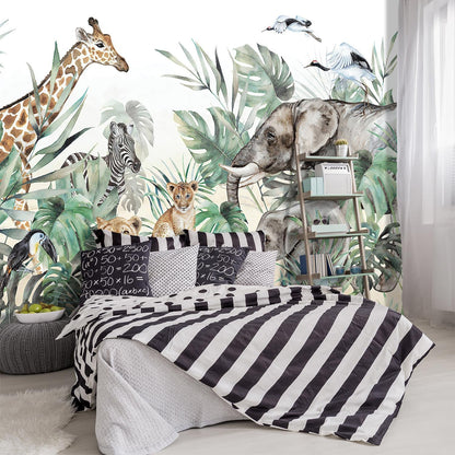 -Tropical Rainforest Plants Animals Tigers Fabric Wallpaper Jungle Plants Banana Leaves Boys Girls Kindergarten Children Bedroom Large Mural- 137"x96"（ not Peel and Stick）