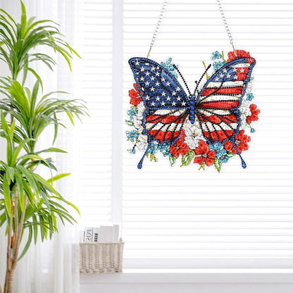 Lxmsja DIY Butterfly Diamond Painting Hanging Ornament, Double-Sided Acrylic American Flag Diamond Art Kit, Special Shaped Drill Pendant Window Art Kit, Suncatcher Hanging Craft Decoration 7×8 inch