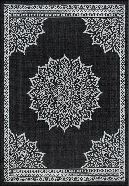 CAMILSON Indoor Outdoor Rug, 10x14 Medallion Black White Modern Area Rugs for Large Indoor and Outdoor Patios, Kitchen and Hallway Mats, Washable Porch Deck Outside Carpet (Medallion Black, 10 x 14)