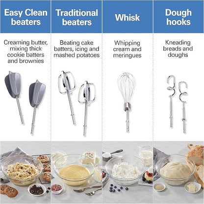 Hamilton Beach 6-Speed Electric Hand Mixer with Whisk, Dough Hooks and Easy Clean Beaters, Powerful 275 Watt Motor, Snap-On Storage Case, Blue