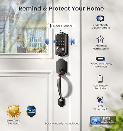 Veise VE017G Wi-Fi Keyless Entry Door Lock, App Remote & Voice Control, Fingerprint Smart Locks for Front Door, Touchscreen Electronic Keypad Deadbolt, Auto Lock, Emergency Power Port, Matte Black