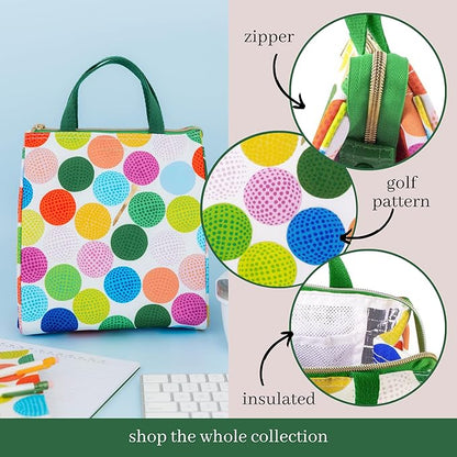 kate spade new york Cute Lunch Bag for Women, Large Capacity Lunch Tote, Adult Lunch Box with Silver Thermal Insulated Interior Lining and Storage Pocket (Mini Golf)
