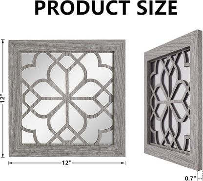 4pcs Farmhouse Wall Mirror with Carved Floral Design -Rustic Mirror Decor for Home, 12x12 inch(Brown)