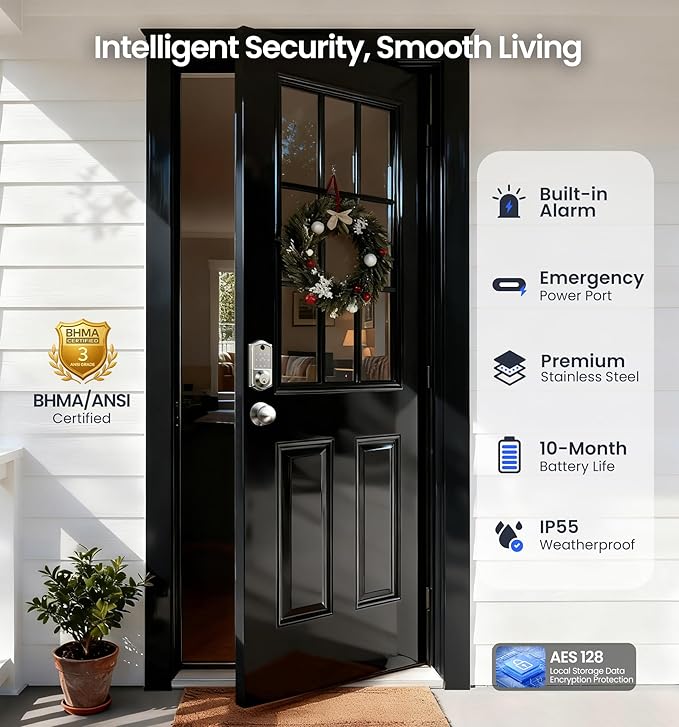Veise VE017-K Fingerprint Smart Lock with 2 Knobs, App Control, Keyless Entry Front Door Lock Set, Electronic Touchscreen Keypad Deadbolt, Emergency Power Port, Easy Install, Auto-Lock, Satin Nickel