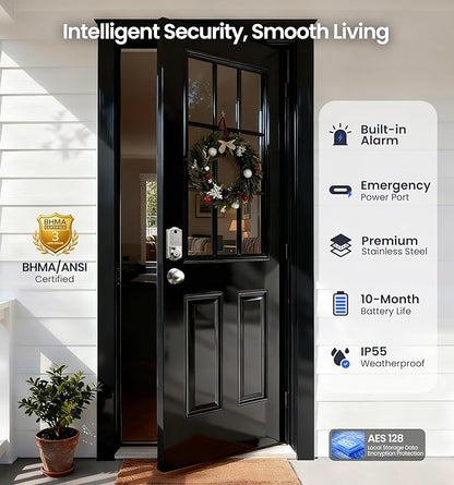 Veise VE017-K Fingerprint Smart Lock with 2 Knobs, App Control, Keyless Entry Front Door Lock Set, Electronic Touchscreen Keypad Deadbolt, Emergency Power Port, Easy Install, Auto-Lock, Satin Nickel