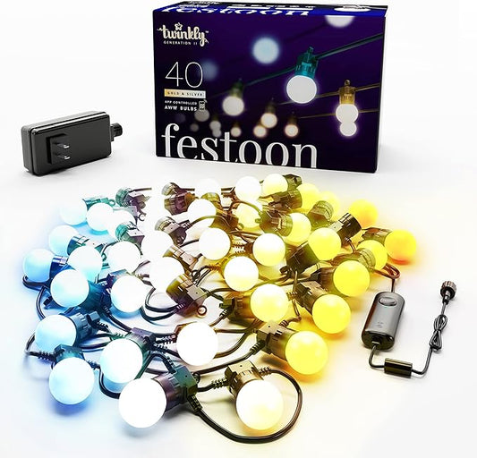 Twinkly Festoon App-Controlled LED Bulb Outdoor String Lights w/ 40 AWW (Warm to Cool White) LEDs, 65.6 ft Patio Lights, Outside Lights w/Black Cable. Smart Indoor Outdoor Lights Decoration
