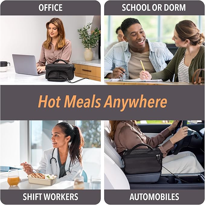 Bentgo Heat - Electric Lunch Bag & Food Warmer for Reheating Meals in Car, at Work & More - Heated Lunch Box Warmer for Adults, Students & Shift Workers, 12V/24V Auto & 120V Wall Cords (Carbon Black)