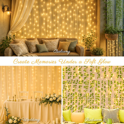 HEYFUNi 304 LED Curtain Lights Outdoor, 9.8Ft*9.8Ft Hanging String Lights Plug in with 8 Modes, Connectable Curtain Fairy Lights for Bedroom, Dorm, Christmas, Wall, Backdrop, Wedding Decor, Warm White