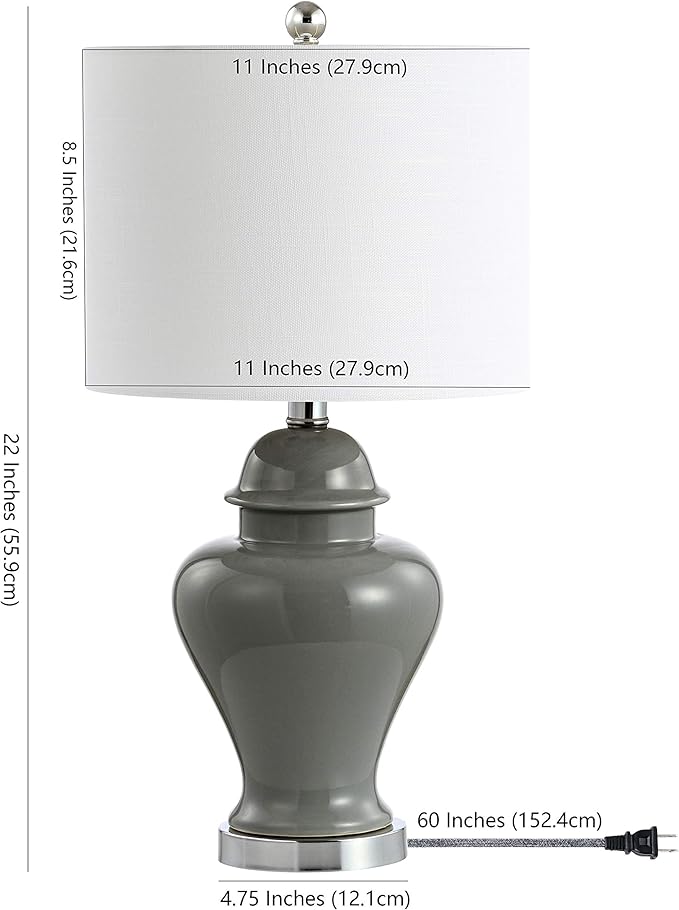 JONATHAN Y 22" Gray Ceramic Table Lamp Set of 2 for Bedroom Living Room, White Linen Shade, Traditional Ginger Jar Nightstand Lamp, Classic Cottage LED Lights (JYL6602B-SET2)