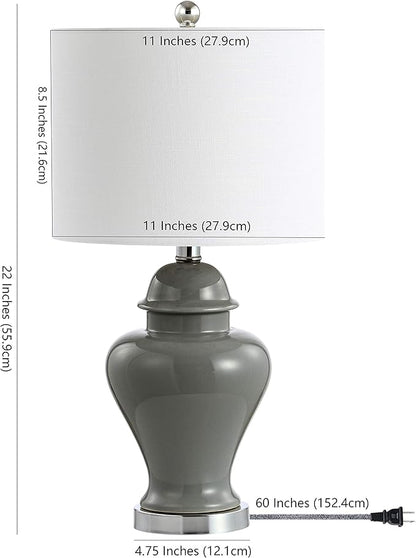 JONATHAN Y 22" Gray Ceramic Table Lamp Set of 2 for Bedroom Living Room, White Linen Shade, Traditional Ginger Jar Nightstand Lamp, Classic Cottage LED Lights (JYL6602B-SET2)