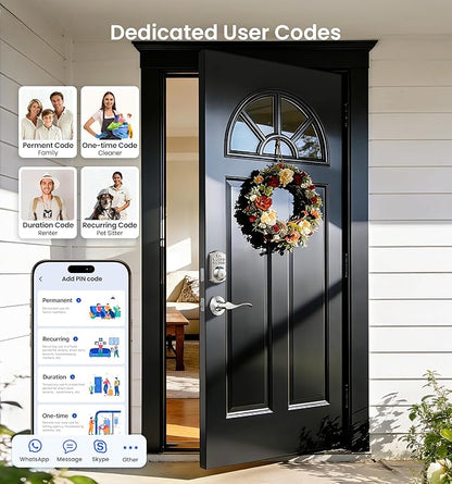 Veise VE012W-B Wi-Fi Fingerprint Smart Lock with Handle Set, Remote App Control, Keyless Entry Front Door Lever, Built-in WiFi No Hub Needed, Backlit Keypad Deadbolt, Auto-Locking, Satin Nickel