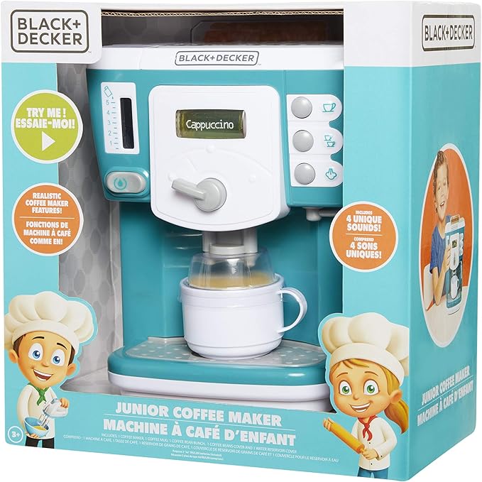 BLACK+DECKER Junior Coffee Maker Role Play Pretend Kitchen Appliance for Kids with Realistic Action, Light and Sound - Plus Toy Coffee Mug for Imaginary Brewing Fun