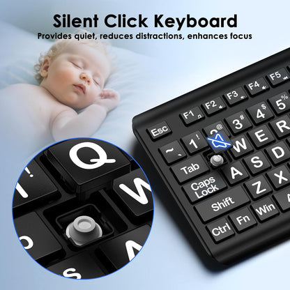 Large Print Computer Keyboard, Wired USB Full Size Quiet Keyboard with 4X Oversized Print Letters for Visually Impaired Low Vision Individuals Easy to See and Type for PC, Laptop,Windows