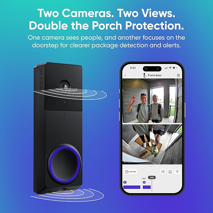 WYZE Wireless Duo Cam Video Doorbell (Chime Included), Battery Powered, 2K Full HD Video, 2 Cameras (People and Package), 2-Way Audio, Color Night Vision, Silver